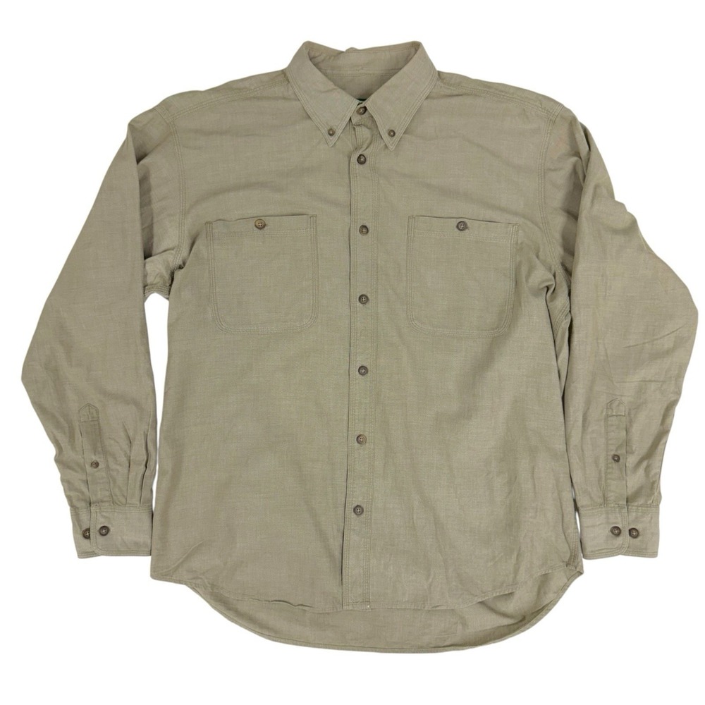 Cabelas Men's Large 100% Cotton Button Up Shirt Beige Outdoor Workwear